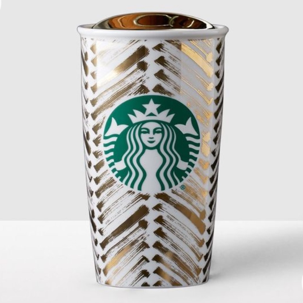 BNIB Starbucks Brushed Gold Chevron Mermaid Logo Tumbler, Gold/White